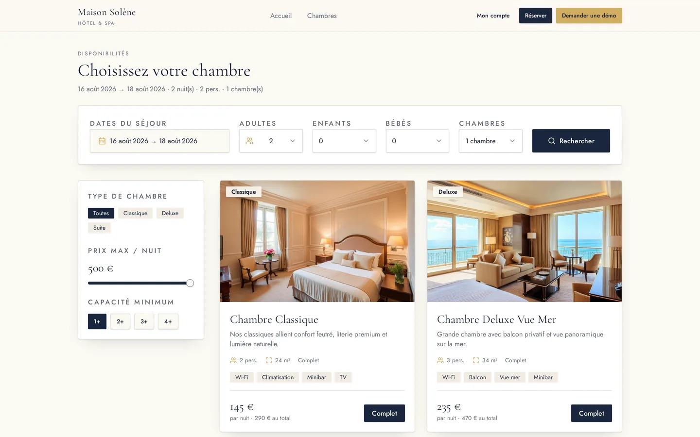 Moteur de réservation HotelSync côté voyageur : recherche de dates, chambres et prix par nuit