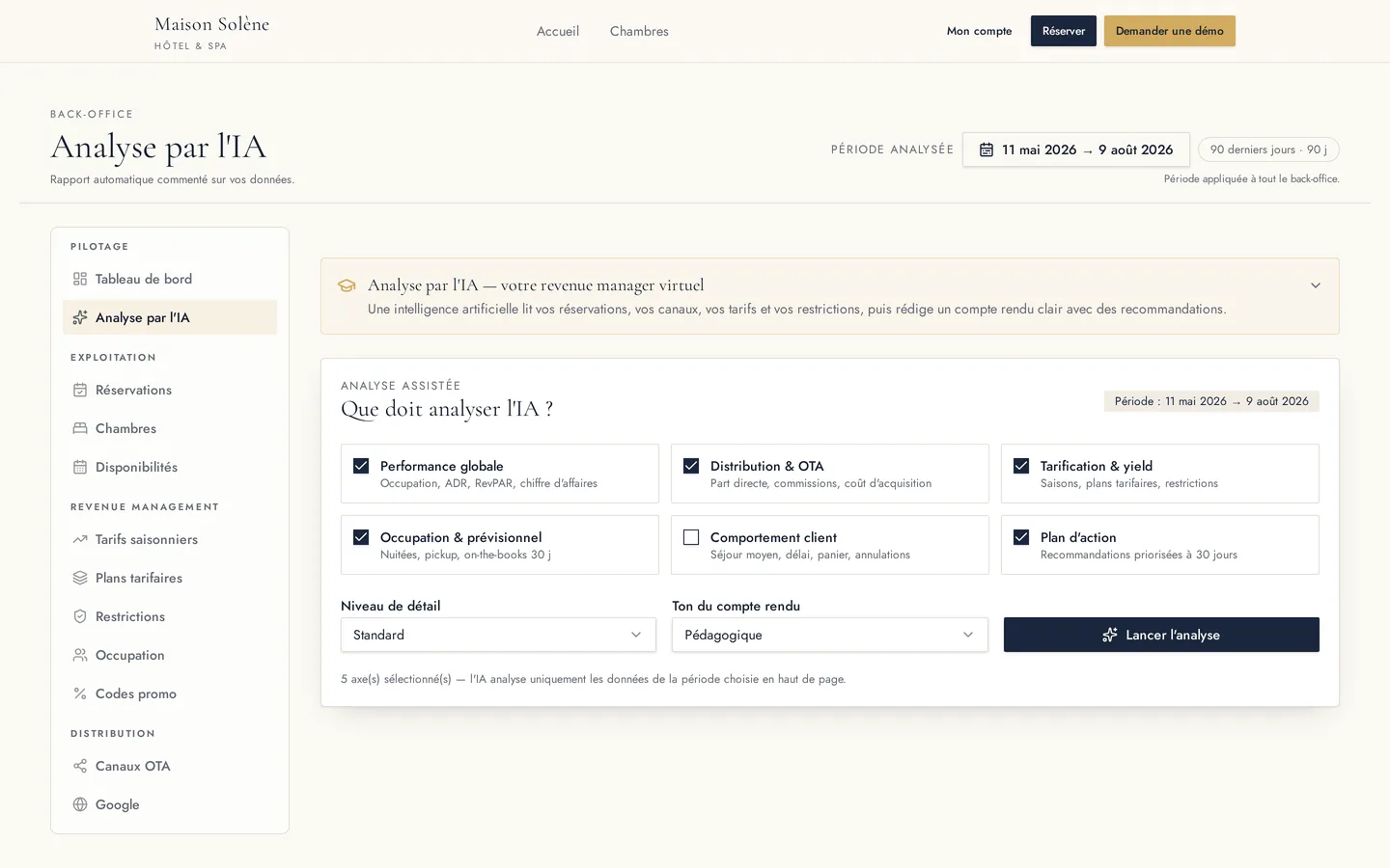 Analyse par l'IA du back-office HotelSync : rapport de revenue management commenté