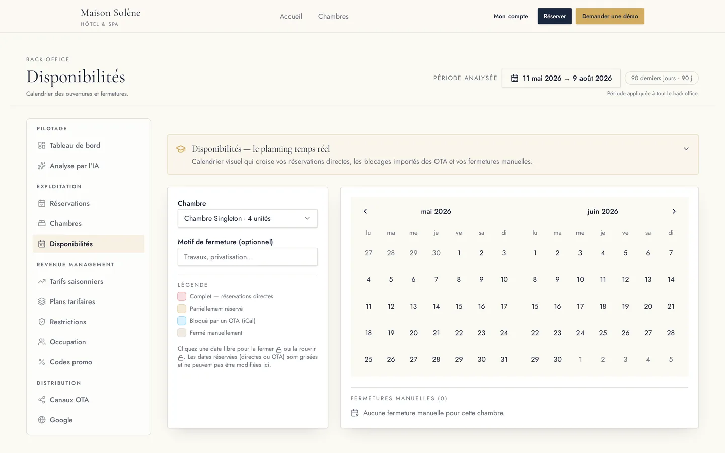 Calendrier de disponibilités HotelSync croisant réservations directes, blocages OTA et fermetures manuelles