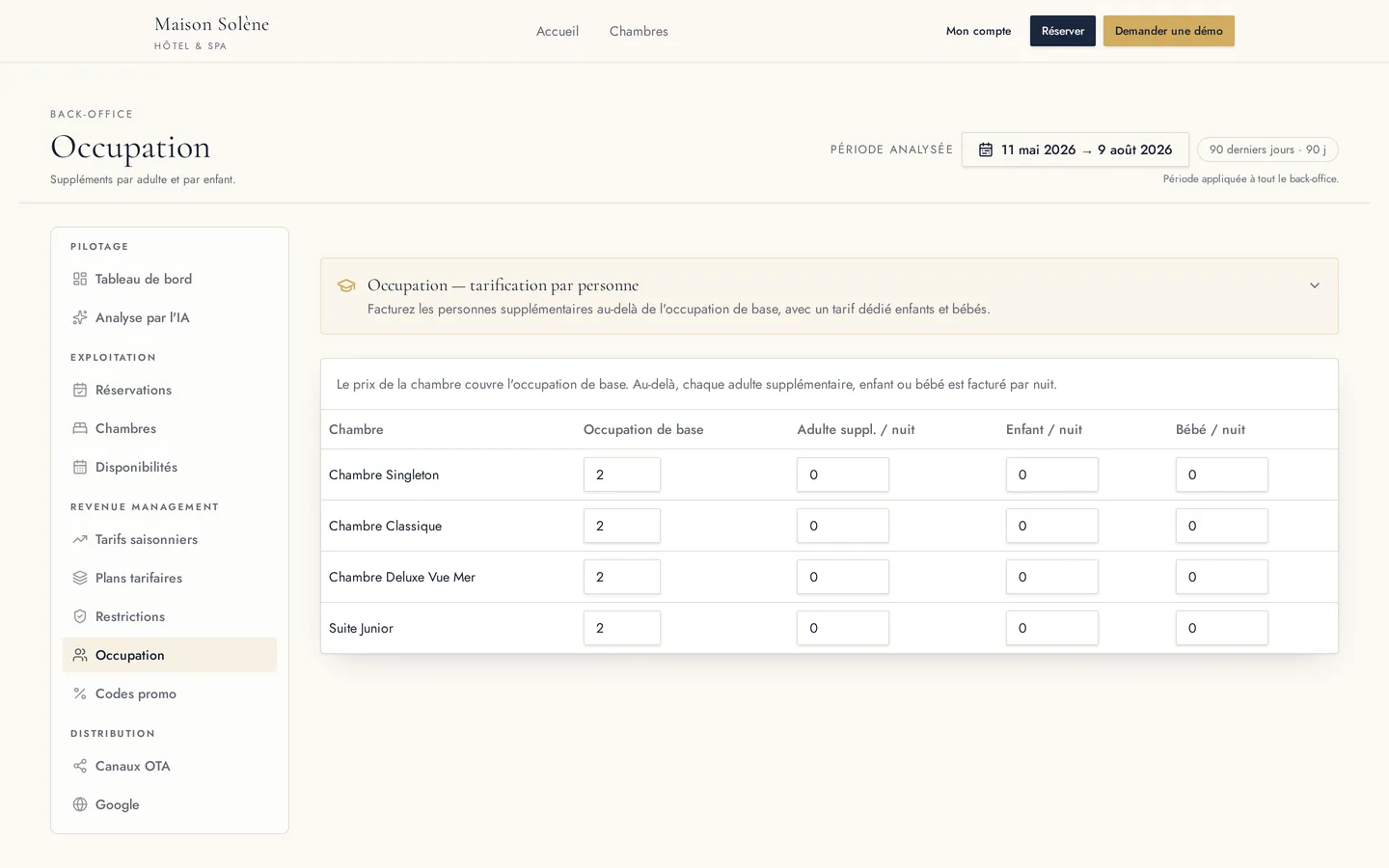 Tarification par occupation HotelSync : suppléments adulte, enfant et bébé