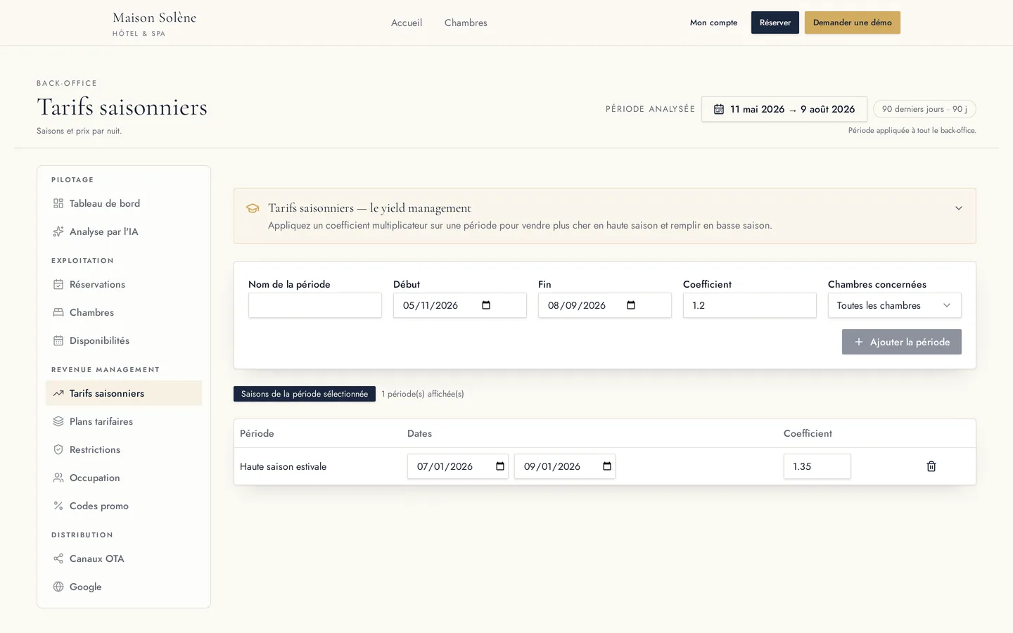 Tarifs saisonniers HotelSync : périodes et coefficients multiplicateurs de prix