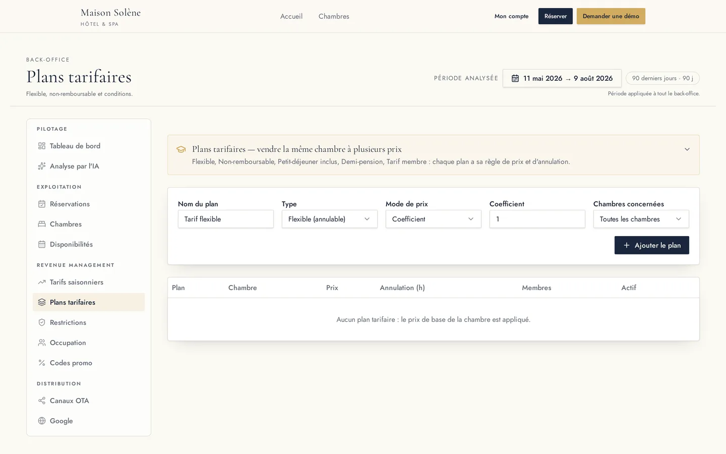 Plans tarifaires HotelSync : flexible, non-remboursable, petit-déjeuner inclus