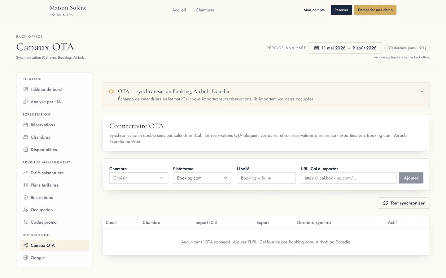 Synchronisation OTA HotelSync par iCal avec Booking.com, Airbnb et Expedia
