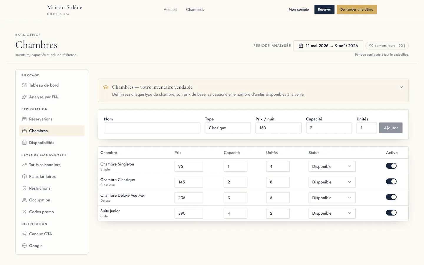 Gestion des chambres dans le back-office HotelSync : types, capacités, unités et prix de base