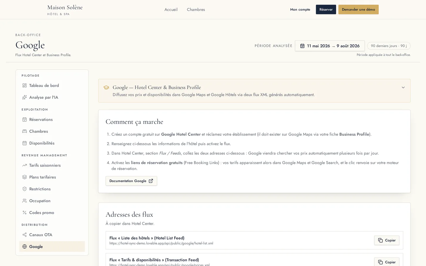 Diffusion Google Hotel Center et Business Profile depuis le back-office HotelSync